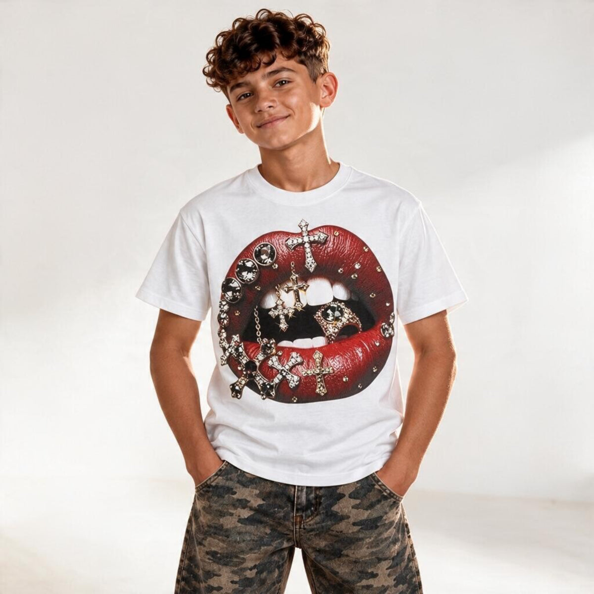 Ragazzo indossa una t-shirt bianca Chulo Store con stampa grafica di labbra rosse, croci e cristalli gioiello.