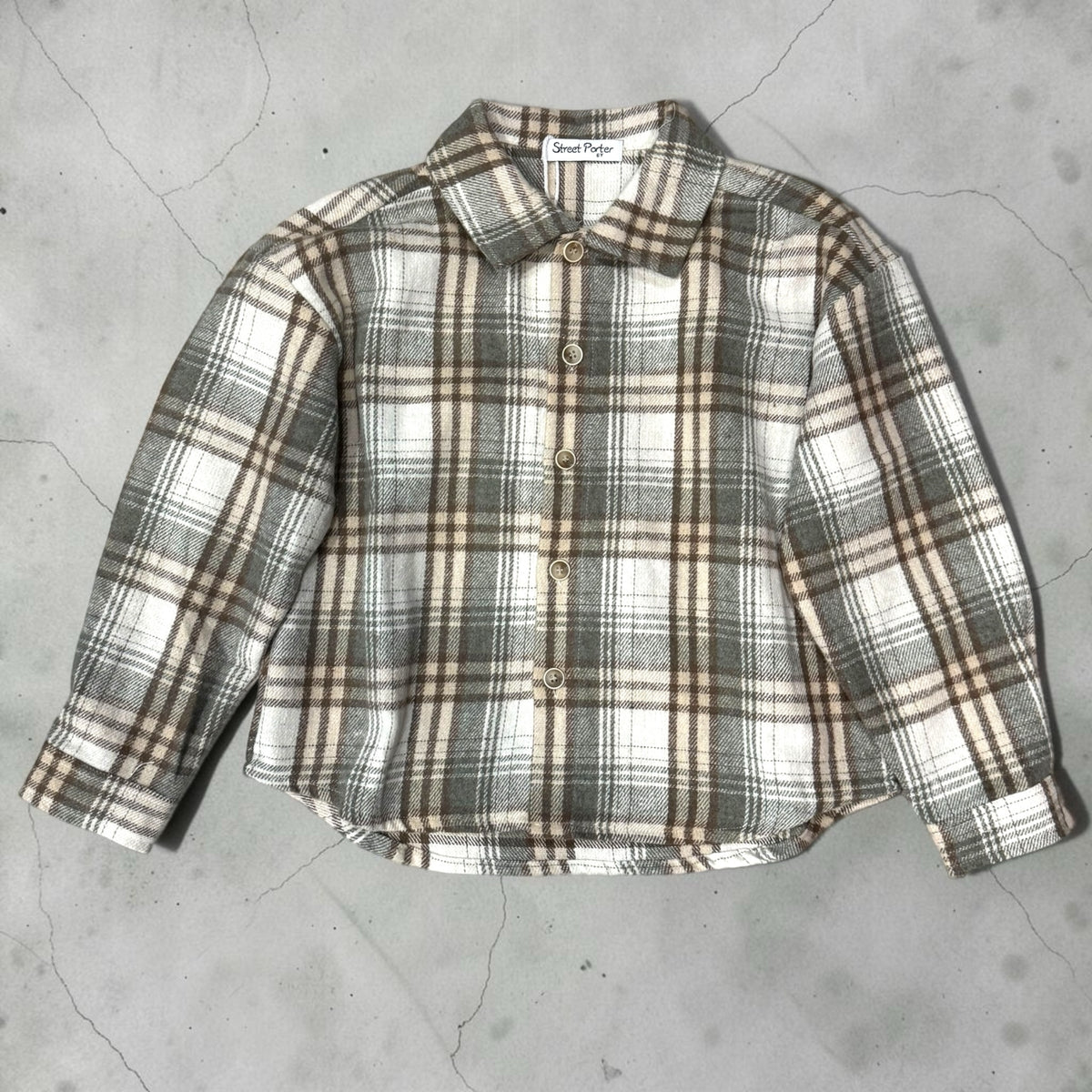 Camicia Chulo Store per bambini in flanella a quadri bianchi, marroni e grigi con chiusura frontale a bottoni