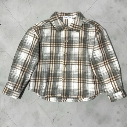 Camicia Chulo Store per bambini in flanella a quadri bianchi, marroni e grigi con chiusura frontale a bottoni