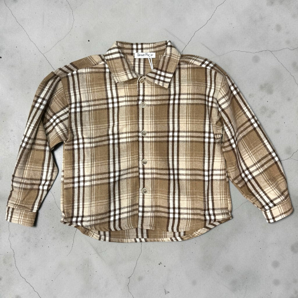 Camicia a quadri in flanella beige e marrone Chulo Store con bottoni frontali e colletto classico per bambini