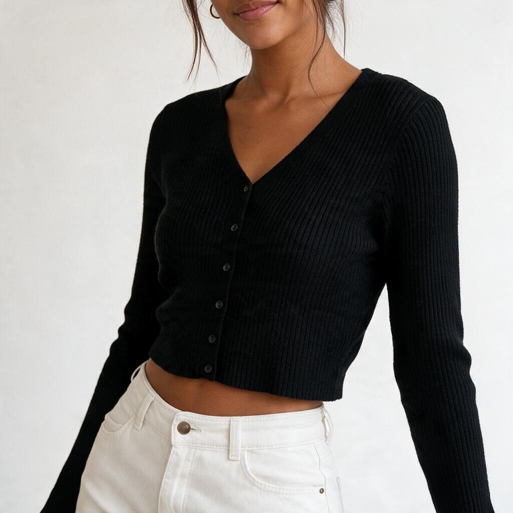 Cardigan corto nero a costine Chulo Store con scollo a V e bottoni, indossato con jeans bianchi a vita alta