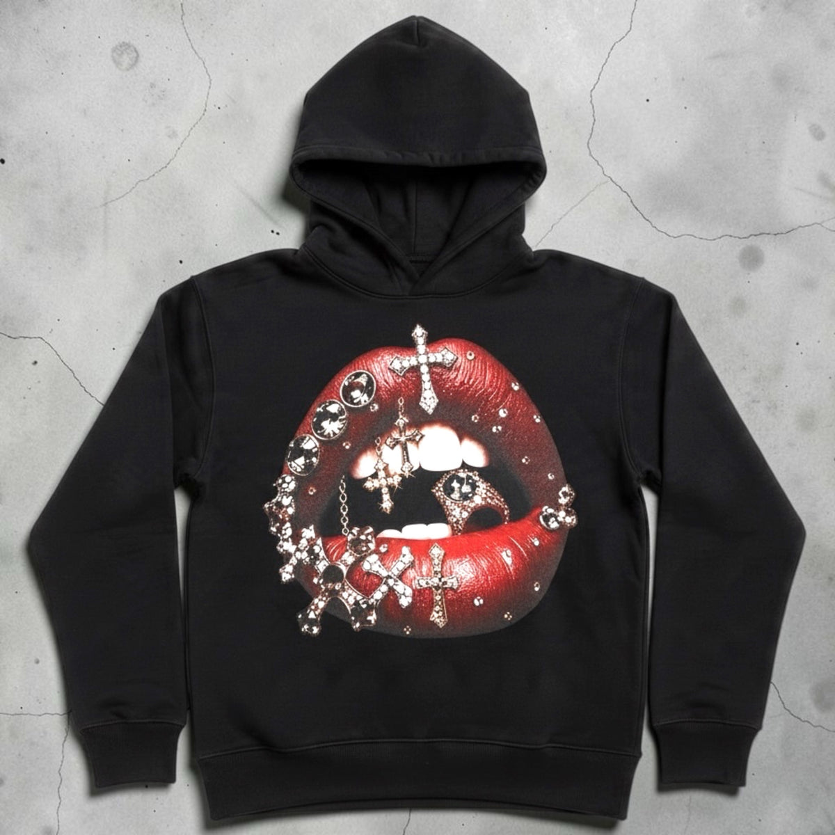 Felpa Chulo Store nera in cotone con cappuccio e stampa grafica di labbra rosse con croci gioiello
