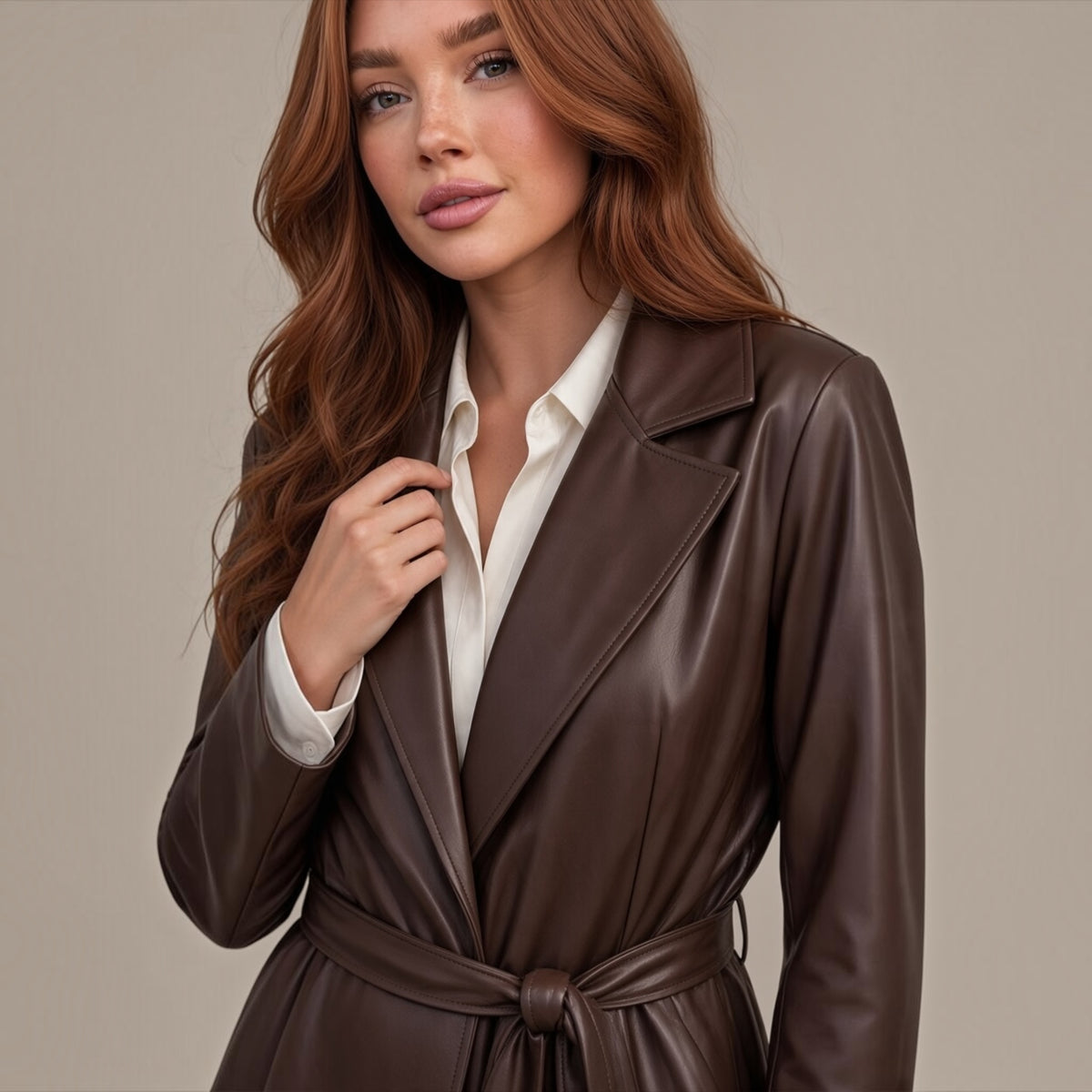 Modella con giacca blazer Chulo Store marrone in ecopelle con cintura in vita e revers classici su camicia bianca