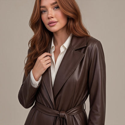 Modella con giacca blazer Chulo Store marrone in ecopelle con cintura in vita e revers classici su camicia bianca