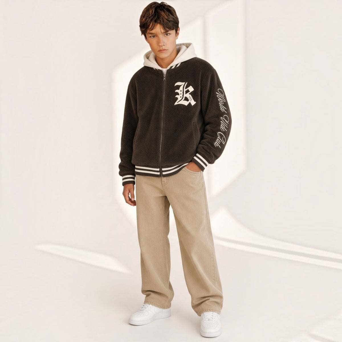 Ragazzo indossa giacca bomber Chulo Store in pile marrone con cappuccio crema, grafica sul petto e scritta sulla manica