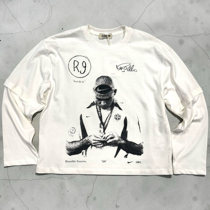 Maglia a maniche lunghe bianca Chulo Store in cotone con grafica vintage di Ronaldo Nazario e logo R9