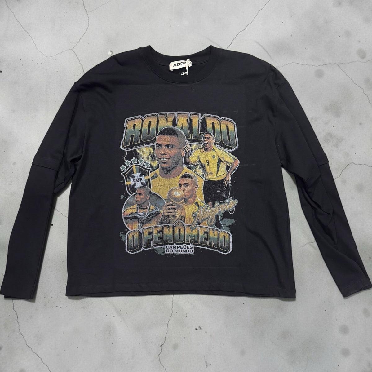 Maglietta a maniche lunghe nera Chulo Store in cotone con stampa vintage dedicata a Ronaldo Il Fenomeno