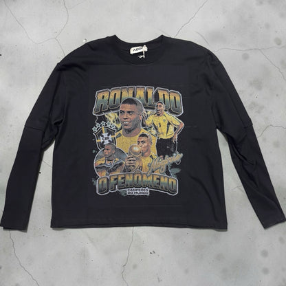Maglietta a maniche lunghe nera Chulo Store in cotone con stampa vintage dedicata a Ronaldo Il Fenomeno