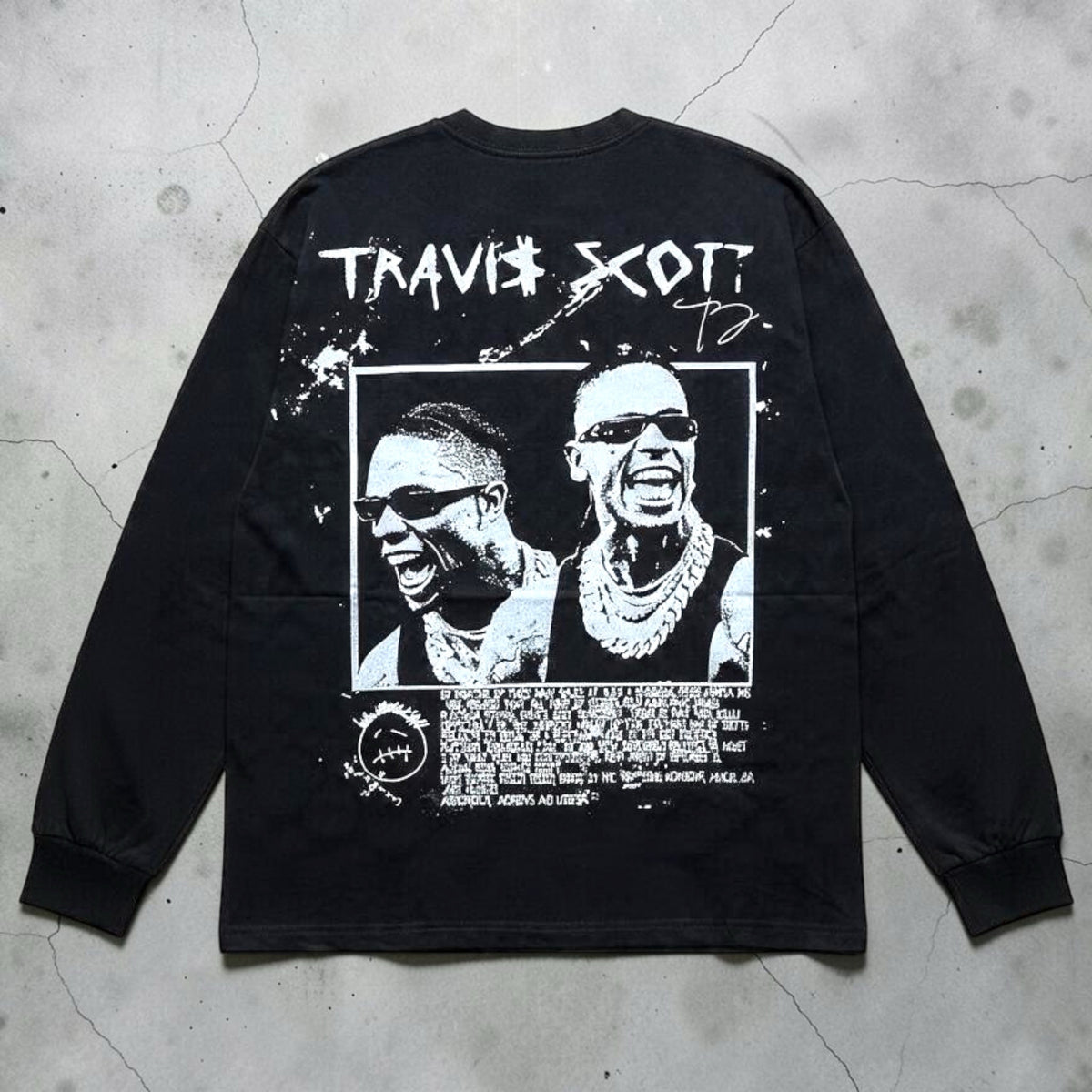 Maglietta a maniche lunghe nera Chulo Store in cotone con stampa grafica di Travis Scott sul retro